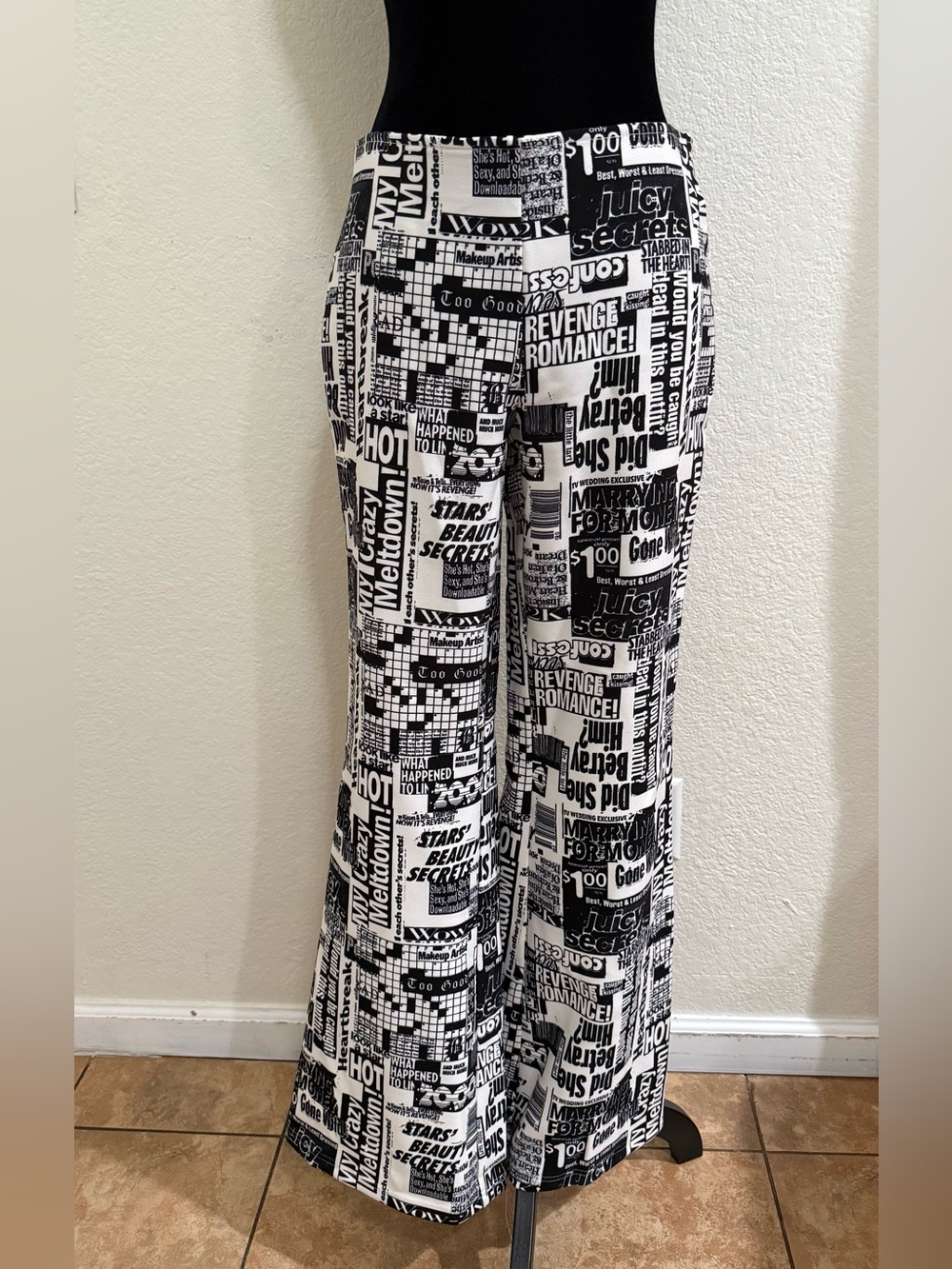 Urban Outfitters Dalila Flare Black & White Newspaper Print Pants Medium